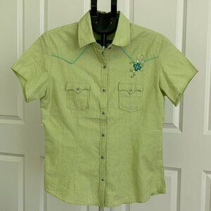 Panhandle Slim Pearl Snap Shirt Women’s L Green Plaid Western Short Sleeve Embro